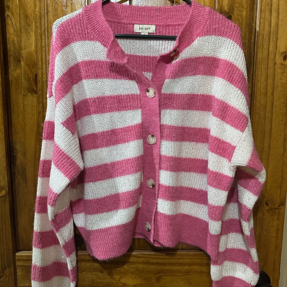 ON SASS Pink and White Striped Cardigan